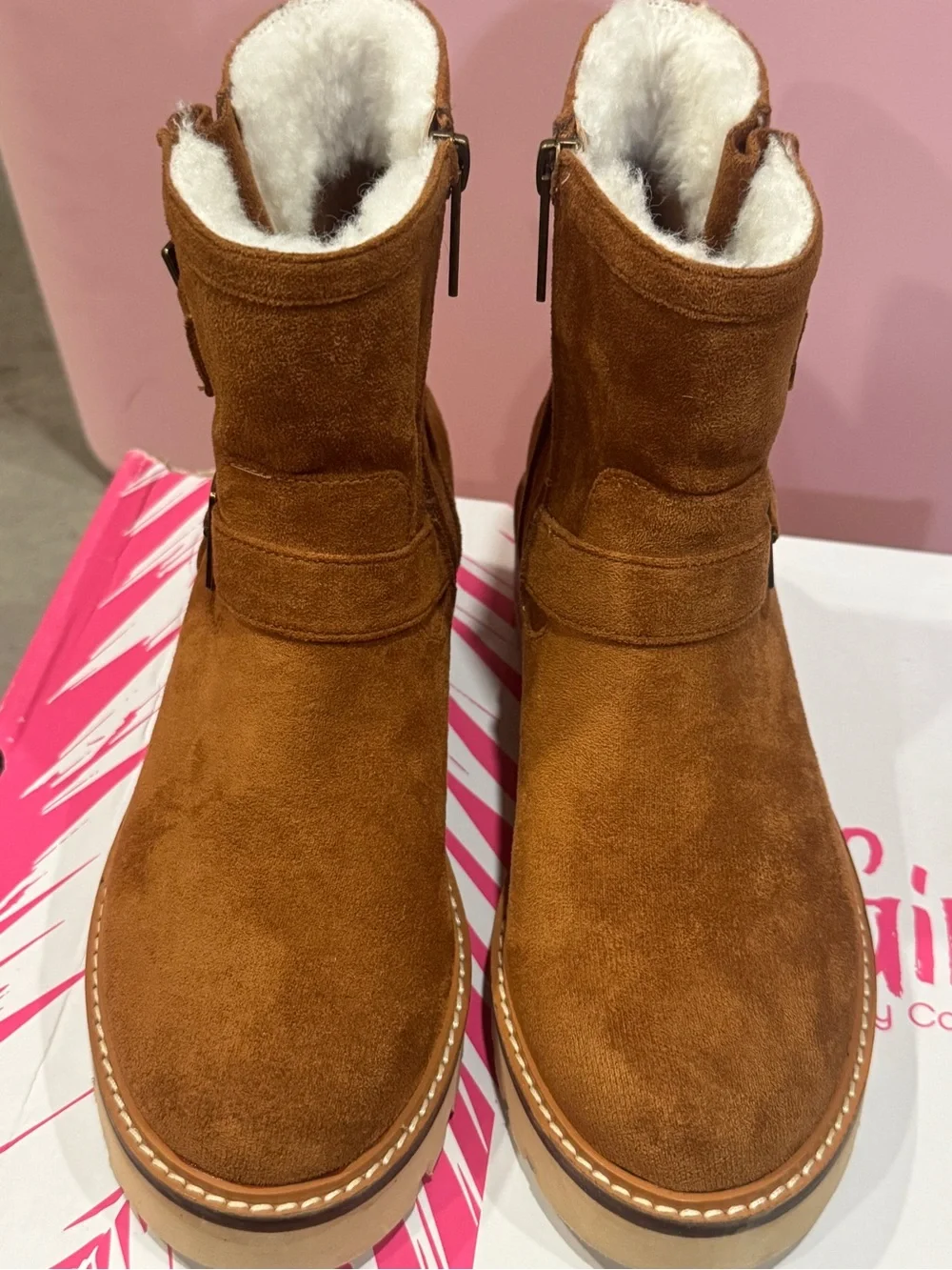 Suede Buckle Ankle Boots - Tan